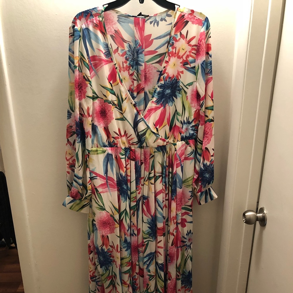 HaoDuoYi Tropical Floral Pleated Tunic V-Neck Maxi